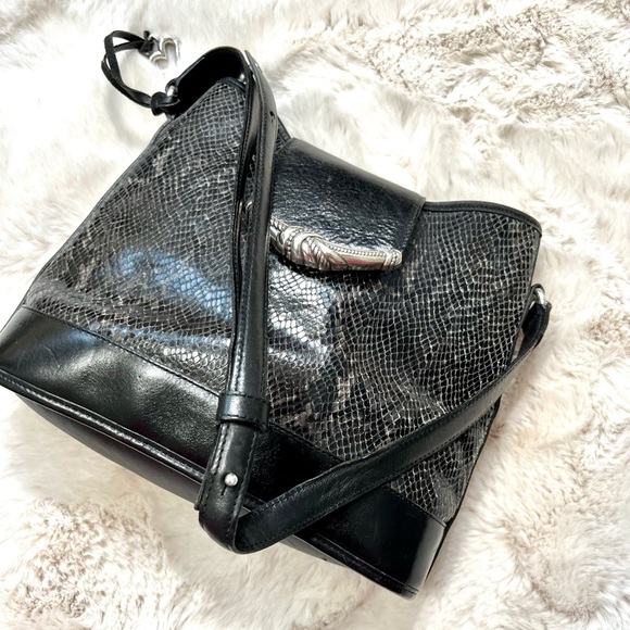 VINTAGE BRIGHTON BLACK LEATHER BAG Snake embossed - Picture 14 of 16